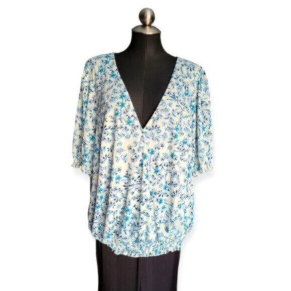 Blue Floral Ruffle Blouse MELLODAY Size 3X - Picture 1 of 11